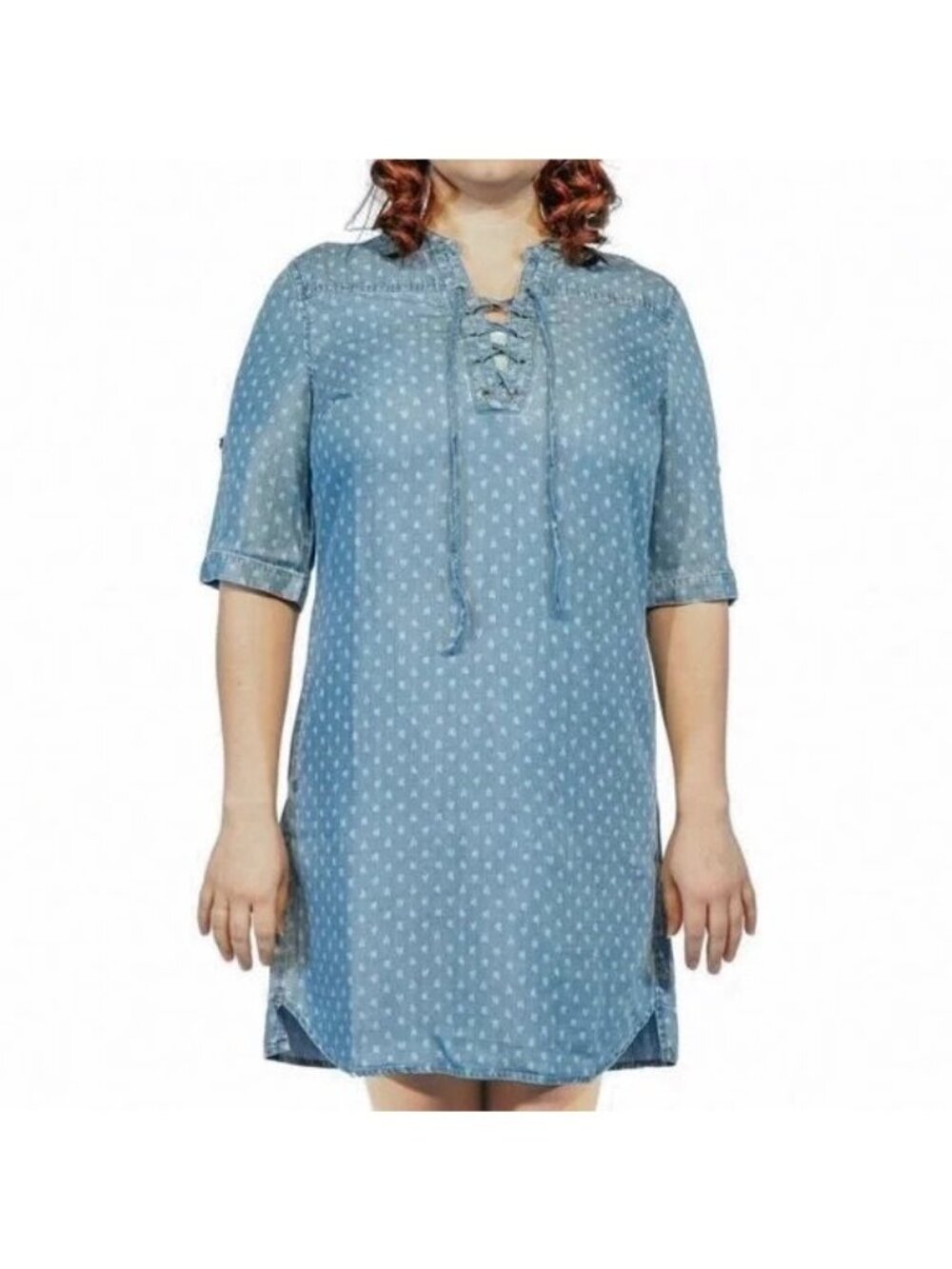Philosophy Tunic Shirt Dress Small Tencel Chambray Denim Printed Blue Modern